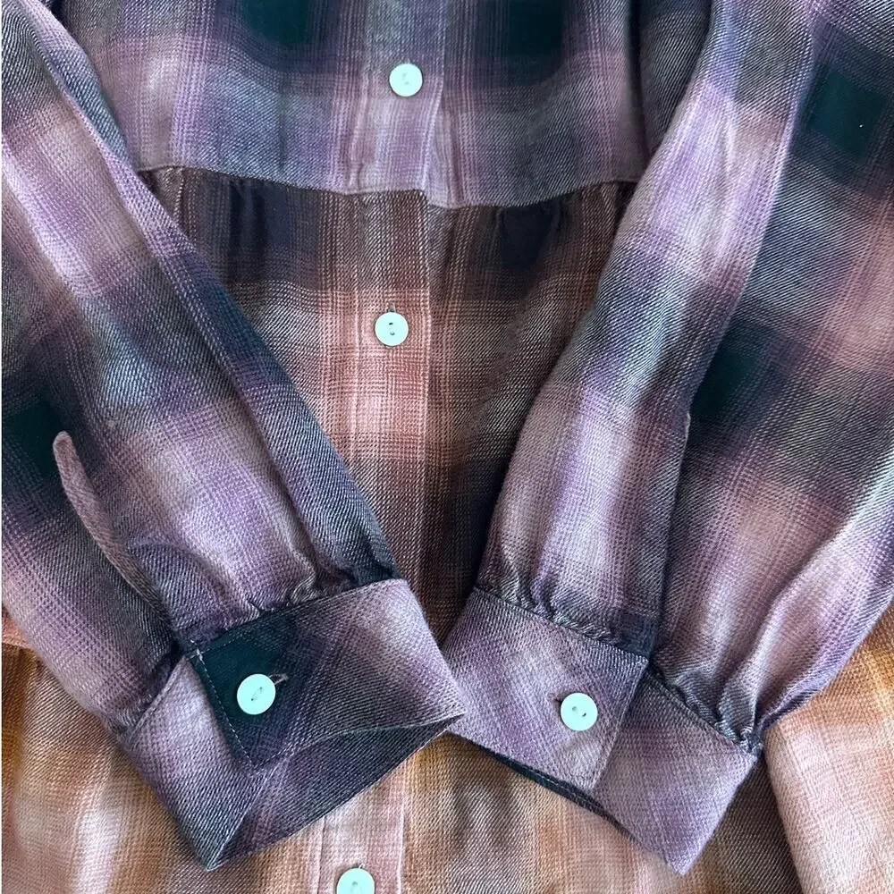 J.Jill Ombre Plaid Tiered Babydoll Button Up Tunic Top Long Sleeve Burgundy Sz M - Picture 10 of 15